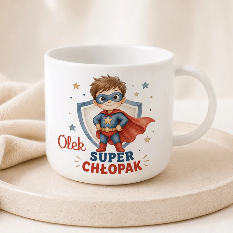 Personalizowany kubek na Dzień Chłopaka z imieniem Olek, grafiką superbohatera i napisem Super Chłopak.