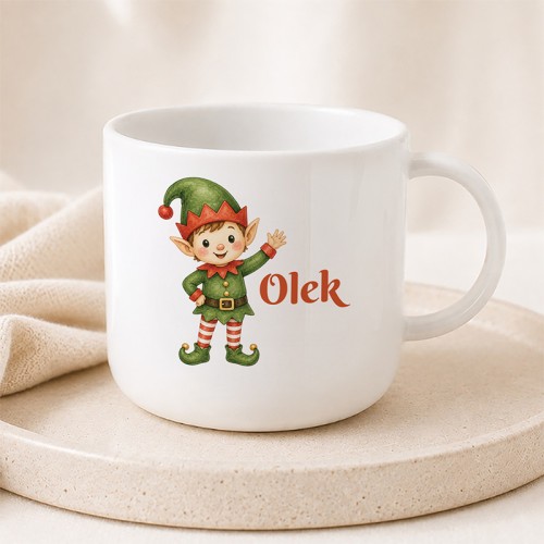 Personalizowany kubek plastikowy dla dziecka z imieniem i świątecznym elfem.