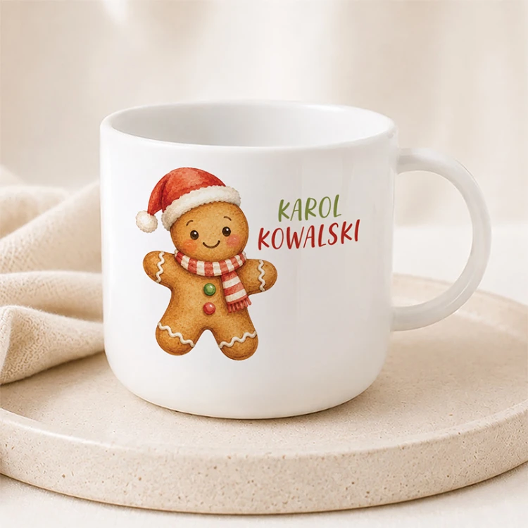 Imienny kubek świąteczny z pierniczkiem dla dziecka na Mikołajki i Boże Narodzenie