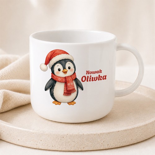 Personalizowany kubek dla dziecka z pingwinkiem i imieniem na Mikołajki.