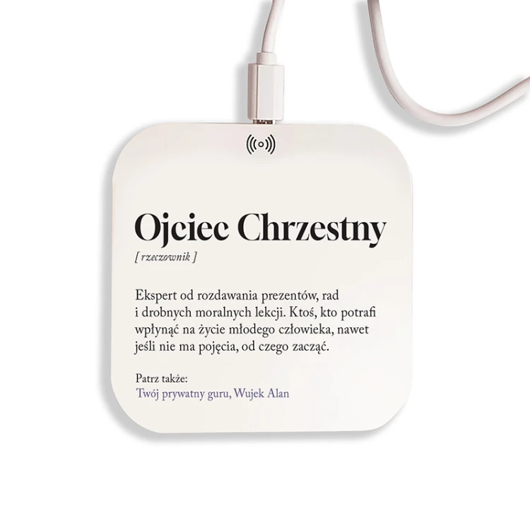 Personalizowany prezent dla Ojca Chrzestnego w formie ładowarki indukcyjnej.