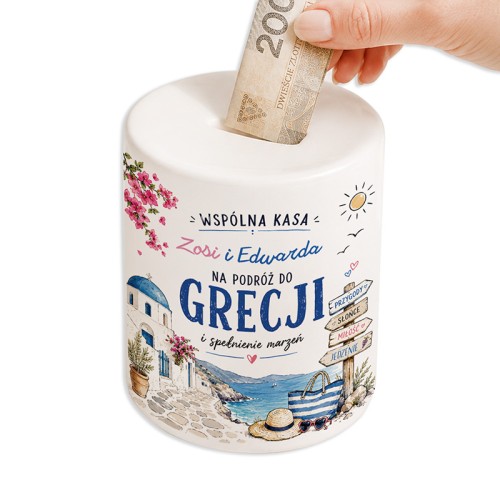 Personalizowana skarbonka na wspólne oszczędności dla pary planującej wakacje i podróż do Grecji.