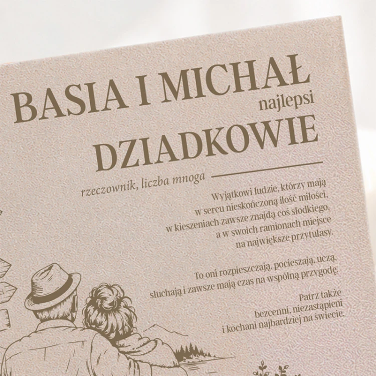 Welurowy album dla dziadków z imionami i ozdobną grafiką na personalizowanej okładce.