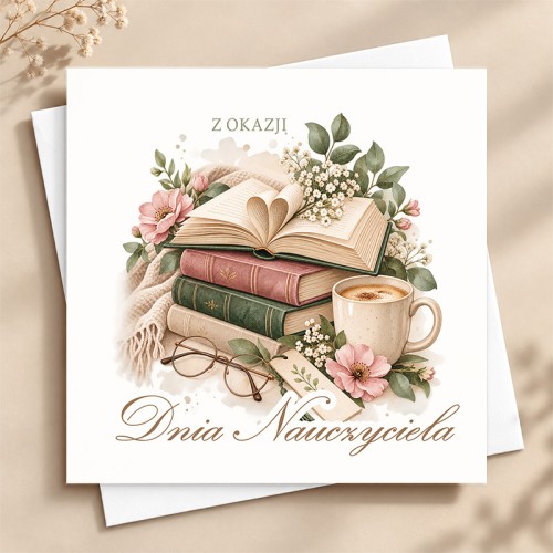 Kartka na Dzień Nauczyciela od całej klasy z elegancką grafiką książek, kwiatów i filiżanki.