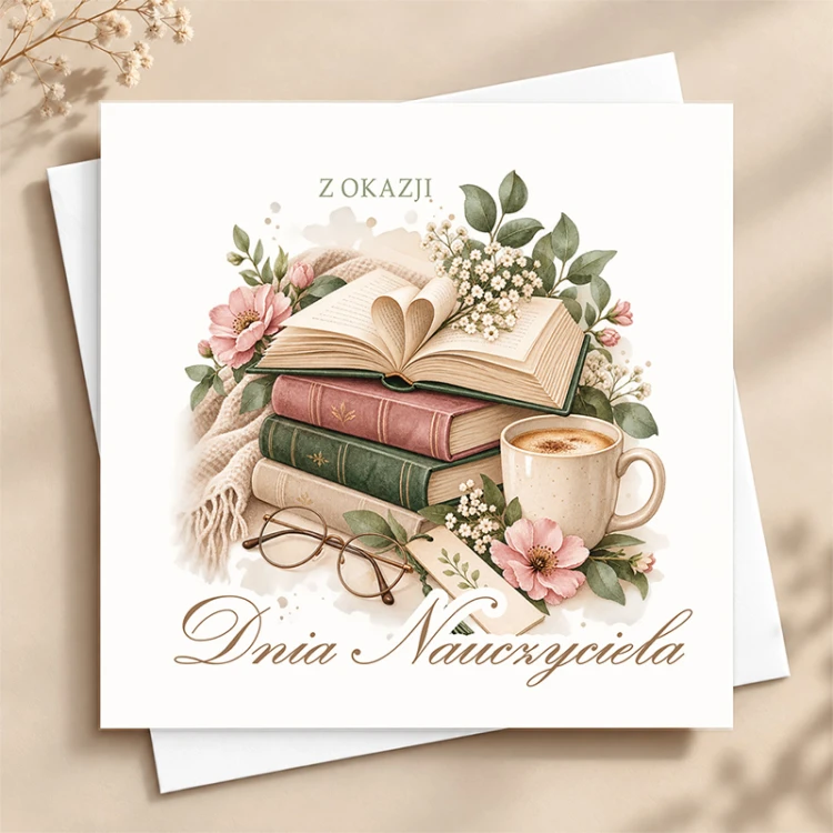 Kartka na Dzień Nauczyciela od całej klasy z elegancką grafiką książek, kwiatów i filiżanki.