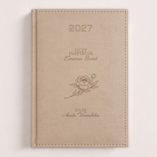 Personalizowany kalendarz książkowy 2027 dla nauczycielki z imieniem i eleganckim kwiatowym wzorem na okładce.