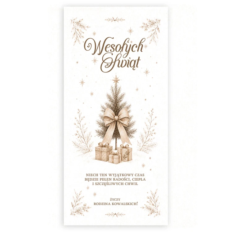 Eleganckie duże opłatki na Wigilię z zimową grafiką i personalizowanym podpisem.