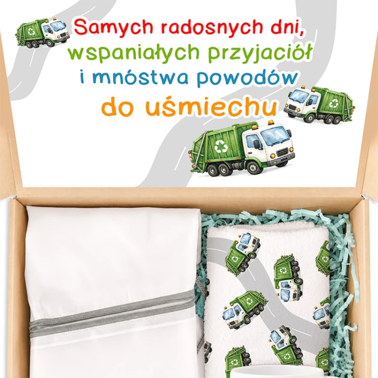 Zestaw prezentowy dla dziecka z motywem śmieciarek w ozdobnym pudełku.