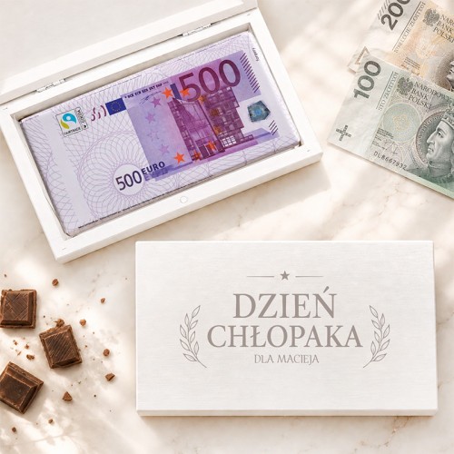 Zestaw na Dzień Chłopaka z pudełkiem na pieniądze i mleczną czekoladą jak banknot 500 euro.