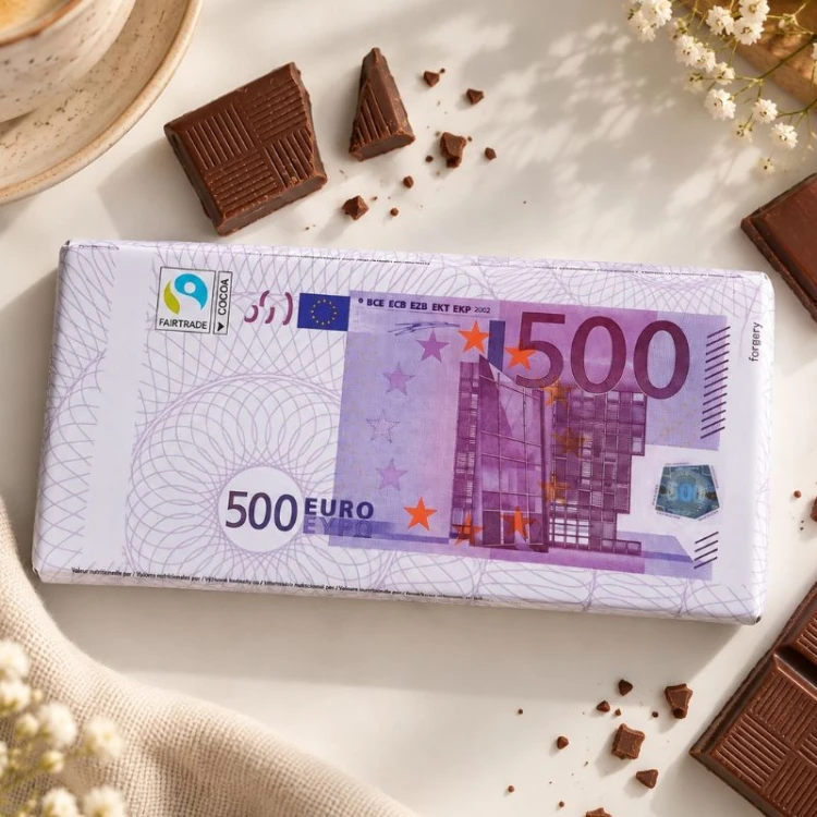 Mleczna czekolada w kształcie banknotu 500 euro jako słodki dodatek do prezentu ślubnego.