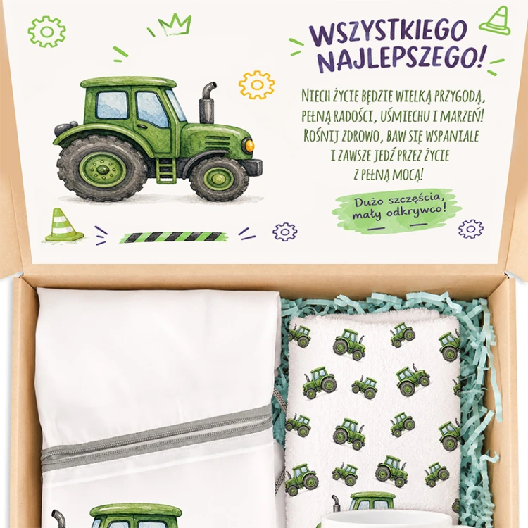 Zestaw prezentowy z motywem traktora dla chłopca w ozdobnym pudełku.