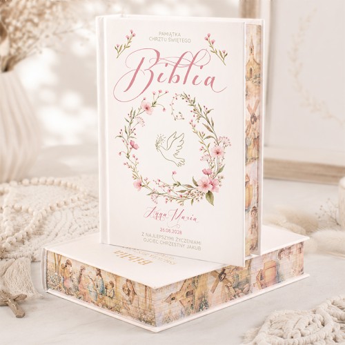 Personalizowana Biblia z kolorowym brzegiem na Chrzest Święty dziewczynki.