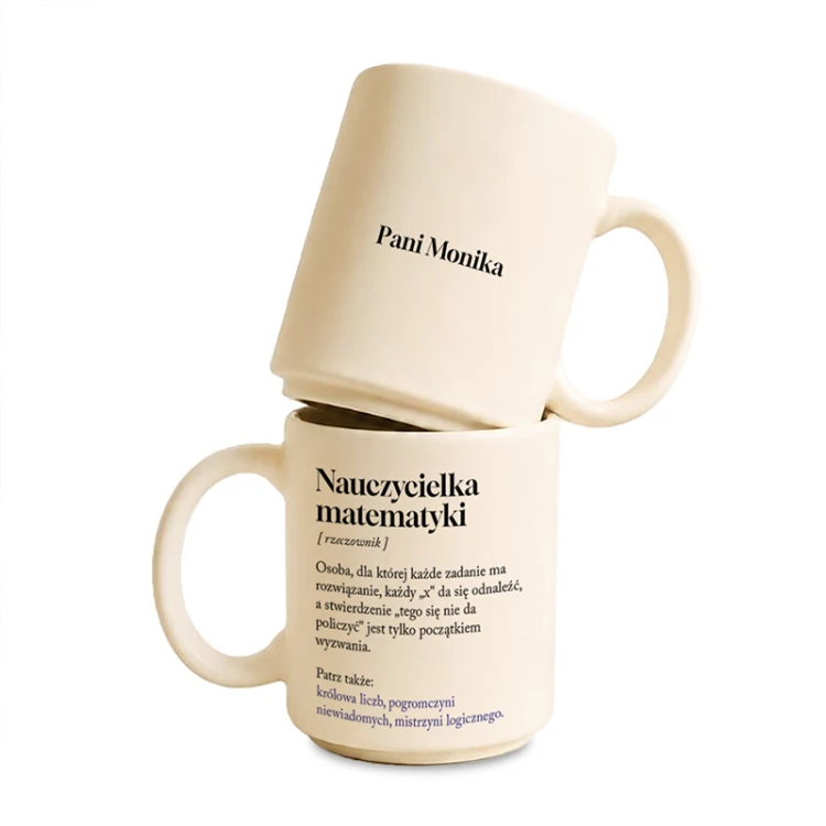 Personalizowany kubek dla nauczycielki matematyki z zabawną definicją zawodu, pomysł na podziękowanie dla nauczycielki.