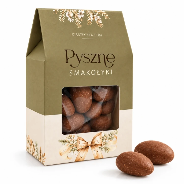 Ozdobne pudełeczko z okienkiem sprawia, że migdały prezentują się bardzo efektownie jako prezent.