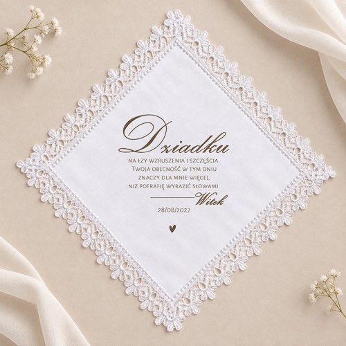 Personalizowana chusteczka na łzy szczęścia dla dziadka z elegancką koronką i wzruszającą dedykacją.