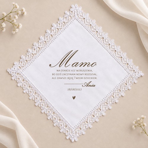 Personalizowana chusteczka ślubna na łzy szczęścia dla mamy z elegancką koronką i dedykacją.