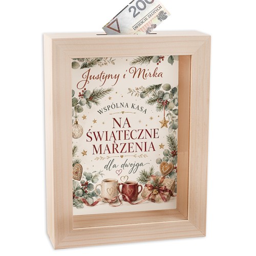 Personalizowana skarbonka na Boże Narodzenie z napisem na wspólne świąteczne marzenia.