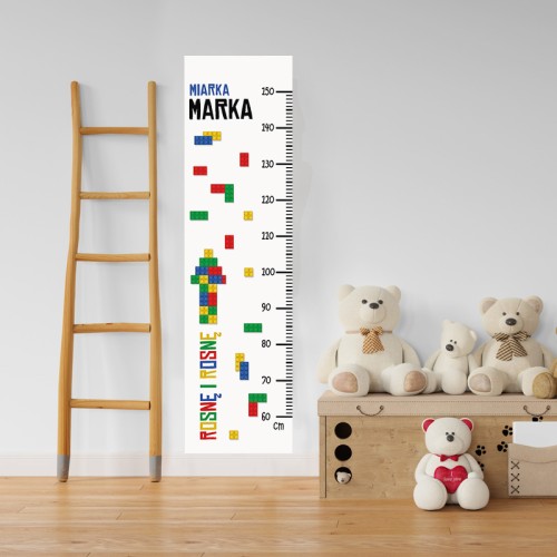 Personalizowana miarka wzrostu dla chłopca z motywem kolorowych klocków LEGO i imieniem.