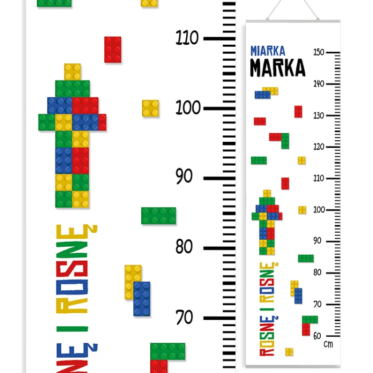 Kolorowa miarka wzrostu dla dziecka z czytelną podziałką centymetrową i grafiką klocków.