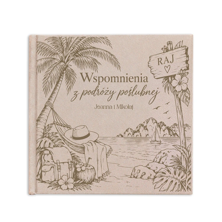 Elegancki album na zdjęcia z romantyczną plażą, palmą, hamakiem i imionami nowożeńców.