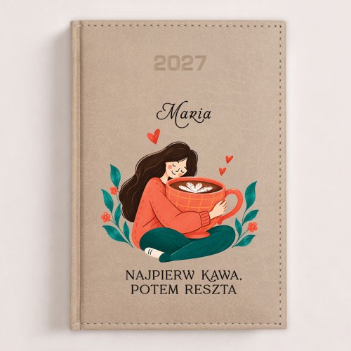 Personalizowany kalendarz książkowy 2027 dla miłośniczki kawy z imieniem i zabawnym napisem.