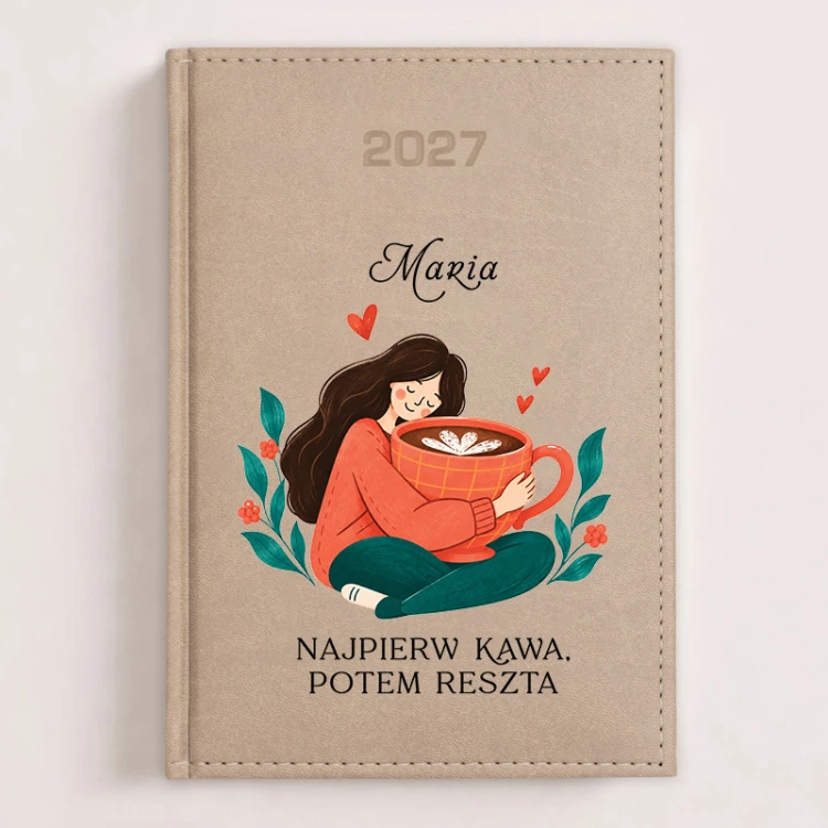 Personalizowany kalendarz książkowy 2027 dla miłośniczki kawy z imieniem i zabawnym napisem.