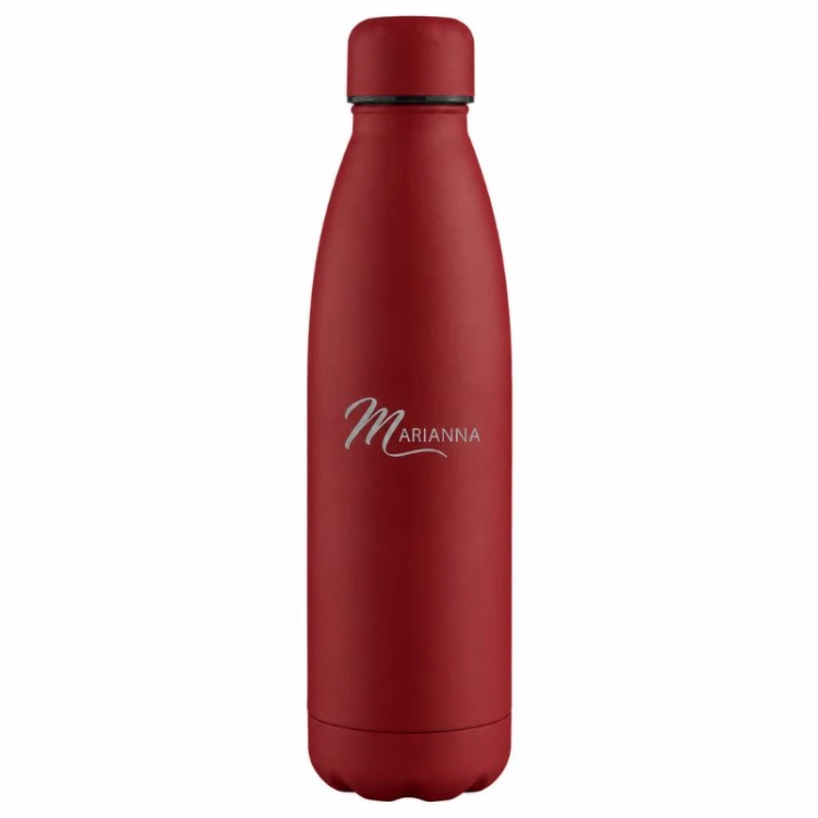 Personalizowana butelka termiczna z eleganckim matowym wykończeniem i ozdobnym napisem.
