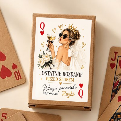 Personalizowane karty do gry na wieczór panieński jako upominek dla przyszłej Panny Młodej.