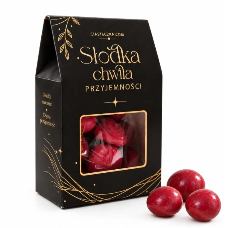 Wiśnie w czekoladzie w ozdobnym pudełku jako słodki upominek na prezent.
