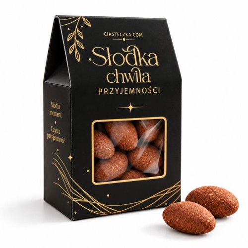 Migdały w czekoladzie na prezent w czarnym pudełku z okienkiem i złotymi detalami.