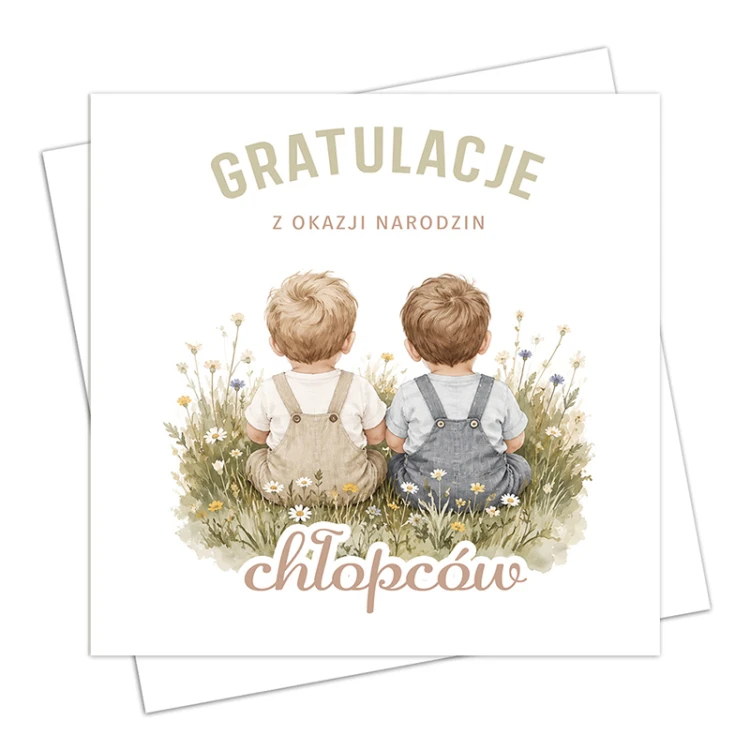 Jasna kartka na narodziny dwóch chłopców ma delikatną ilustrację w beżowej, zielonej i szarej kolorystyce.