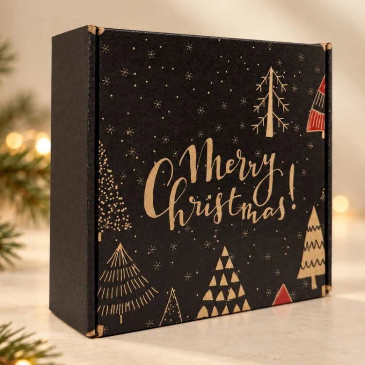 Ozdobne czarne pudełko świąteczne z motywem choinek i napisem Merry Christmas.