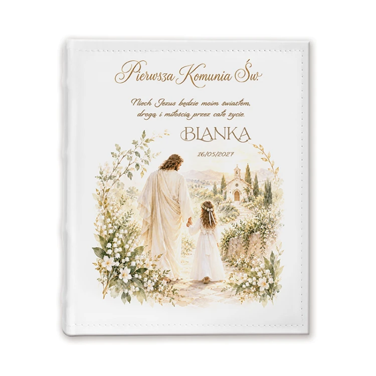 Biały album komunijny z religijną ilustracją i kwiatowym motywem to elegancka pamiątka dla dziecka.