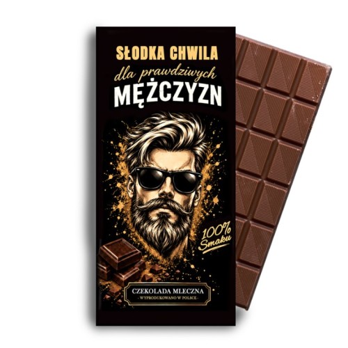 Opakowanie czekolady zdobi brodaty mężczyzna w okularach oraz złote detale.