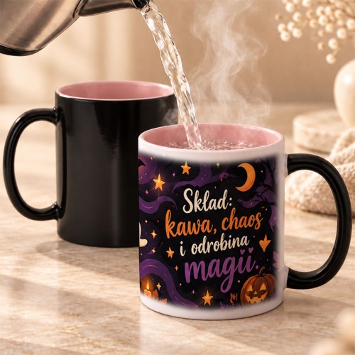 Magiczny kubek termoczuły dla miłośniczki Halloween odsłania kolorową grafikę po nalaniu gorącego napoju.