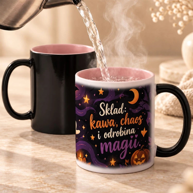 Magiczny kubek termoczuły dla miłośniczki Halloween odsłania kolorową grafikę po nalaniu gorącego napoju.