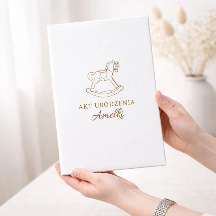 Personalizowana teczka na akt urodzenia dziewczynki z imieniem i delikatną grafiką konika na biegunach.