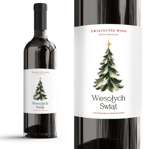Świąteczna etykieta na wino z choinką i życzeniami noworocznymi - pomysł na elegancki prezent świąteczny.