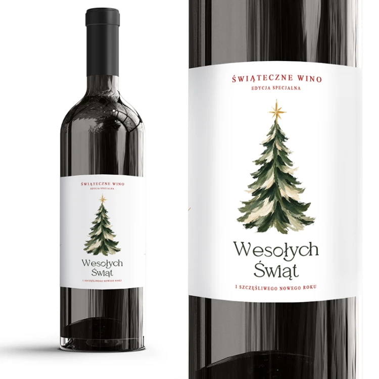 Świąteczna etykieta na wino z choinką i życzeniami noworocznymi - pomysł na elegancki prezent świąteczny.