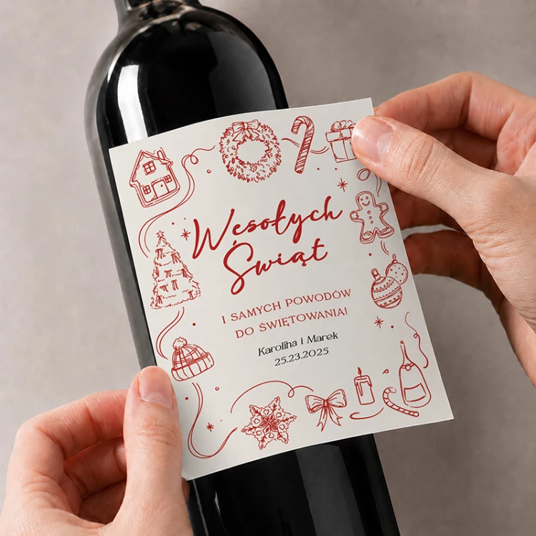 Personalizowana etykieta na wino z podpisem i datą - świąteczna dekoracja butelki z czerwonymi ilustracjami i życzeniami.