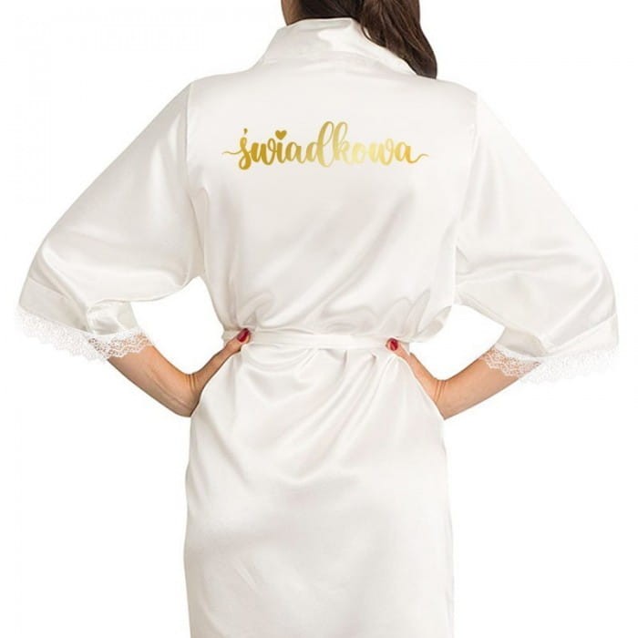 SZLAFROK satynowy biały ze złotym napisem Świadkowa
