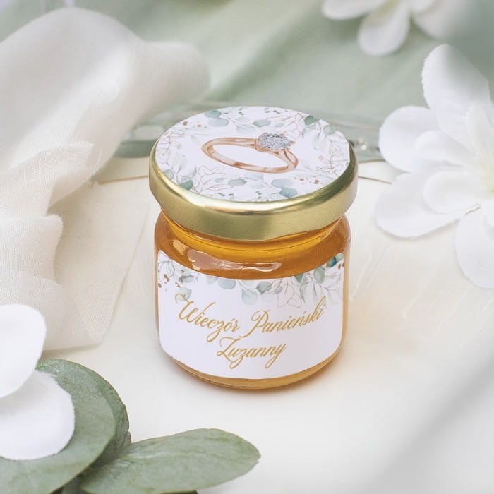 MIÓD w słoiczku prezent od panny młodej dla gości Pierścionek Zaręczynowy