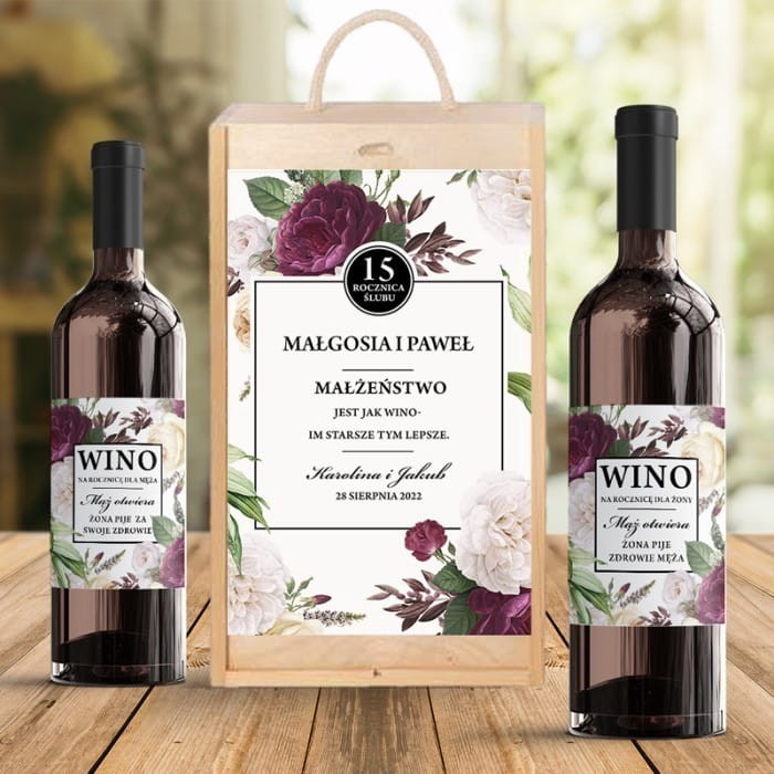 SKRZYNIA na 2 wina prezent na rocznicę ślubu Purple Peony (+etykiety)