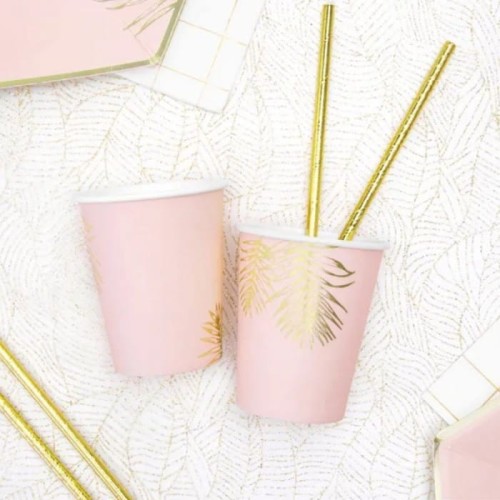 KUBECZKI papierowe jasnoróżowe Złote Liście 6szt