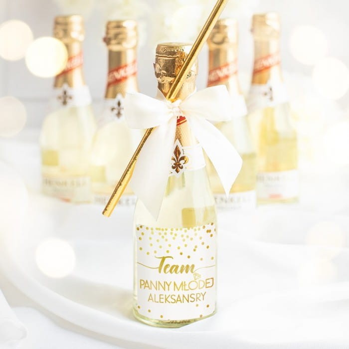 MINI SZAMPAN podziękowanie na panieński Team Panny Młodej (etykieta, wstążka)