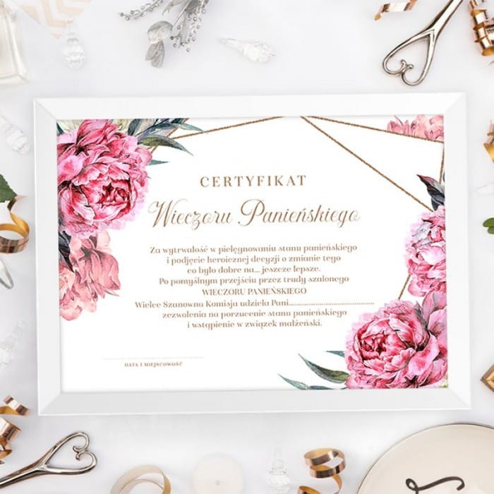 CERTYFIKAT w ramce dla Panny Młodej na Wieczór Panieński Sweet Peony