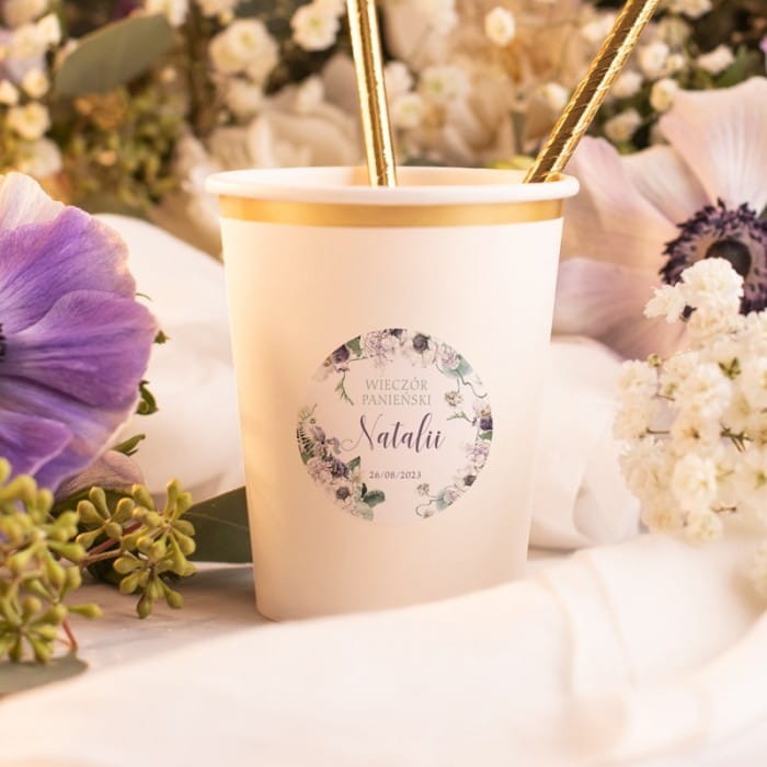 KUBECZKI białe ze złotym brzegiem na wieczór panieński Kwiaty (+etykiety) 6szt.