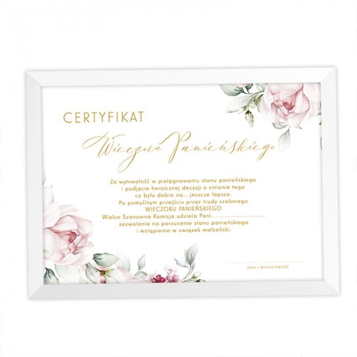 CERTYFIKAT w ramce na Wieczór Panieński Narzeczona