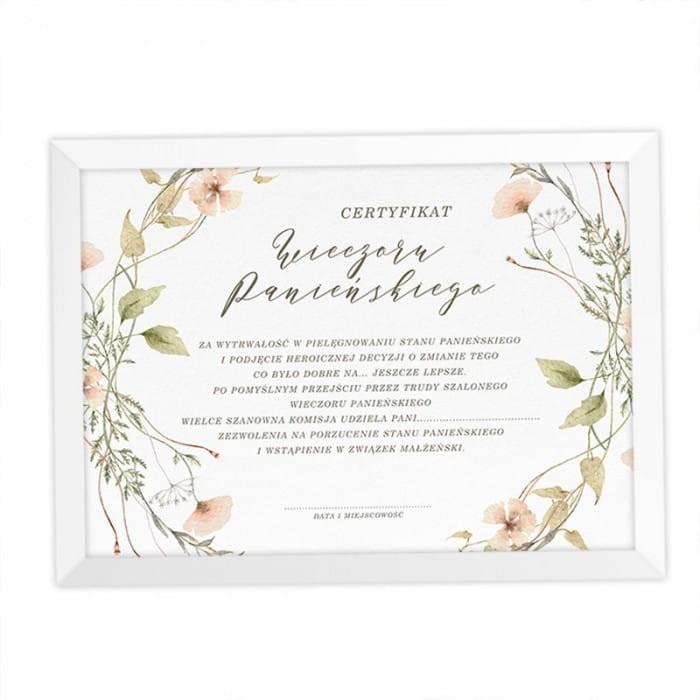 CERTYFIKAT Wieczoru Panieńskiego w ramce Boho