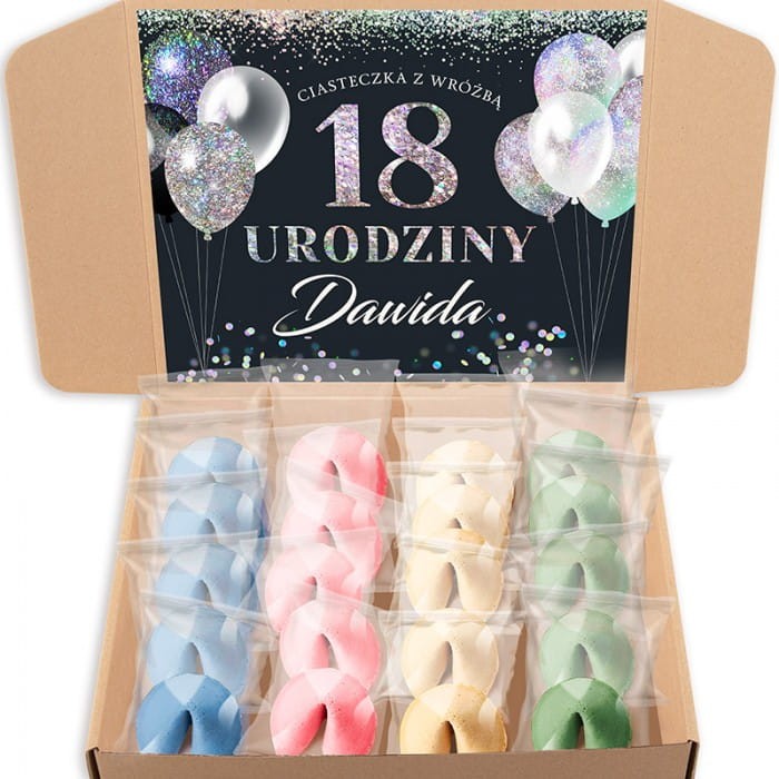 ZESTAW kolorowe ciasteczka z wróżbą pomysłowy prezent na 18 urodziny